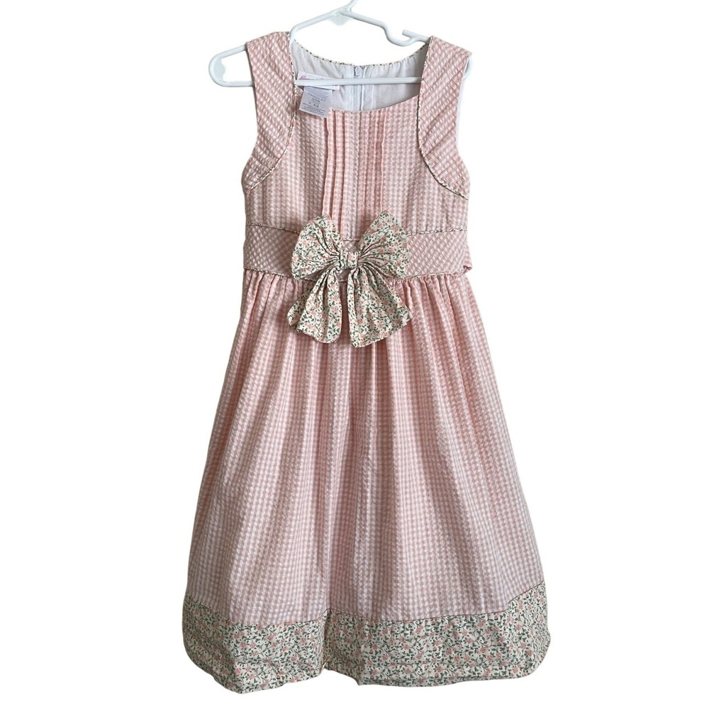 Bonnie Jean Girls Pink Gingham‎ Seersucker Floral Bow Dress 6X Preppy Cottage